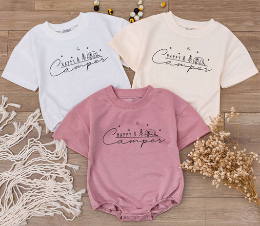 Happy Camper Baby Romper Whimsical Camping Theme Toddler Outfit Adventure Clothes Retro Summer Birthday Gift Black Line Art Minimalist Playful Design for Kids