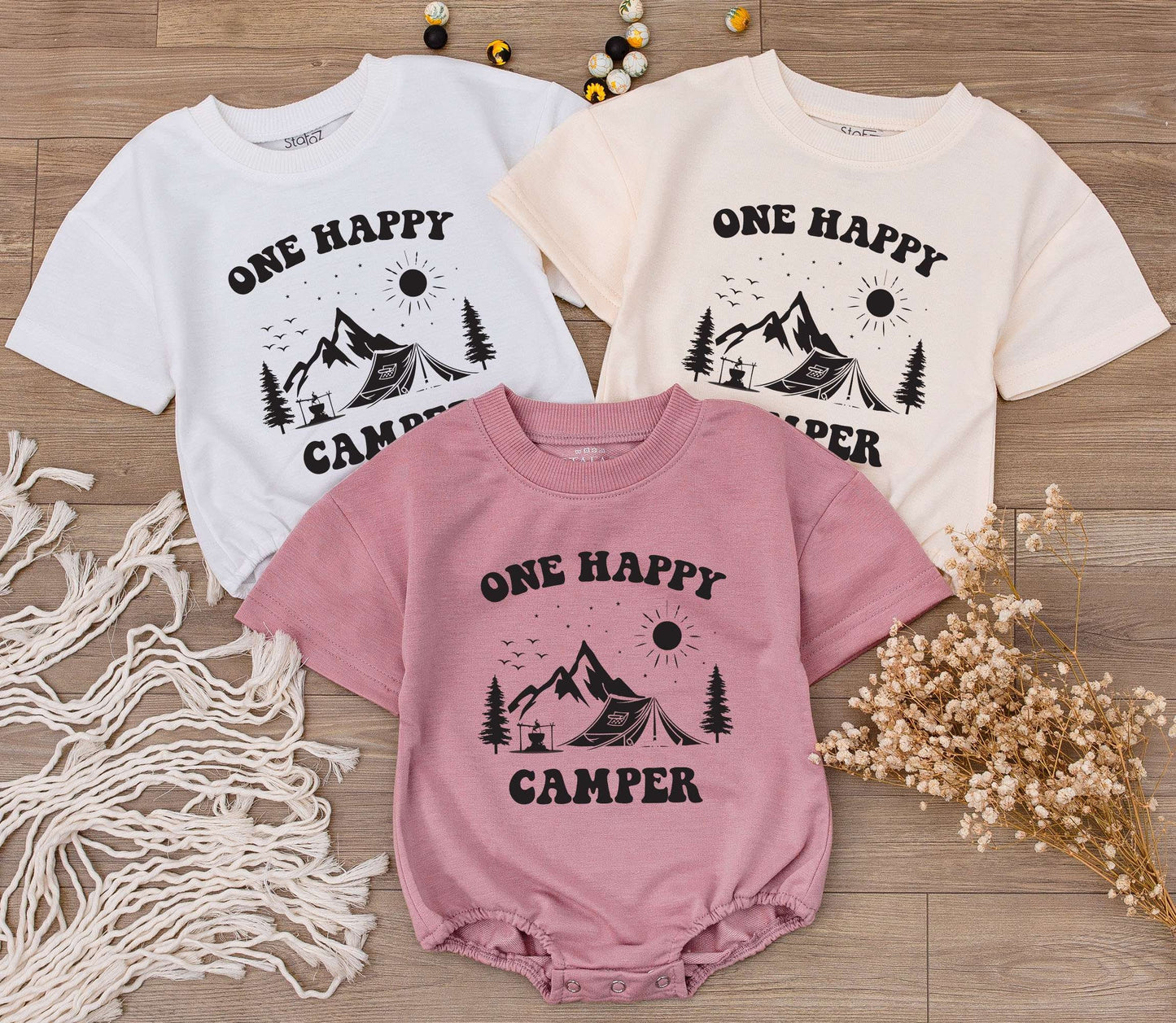 One Happy Camper Baby Romper Toddler Outfit Vintage Outdoorsy Birthday Gift Black Print Mountain Tent Design Soft Cotton Summer Adventure Clothes Little Explorer