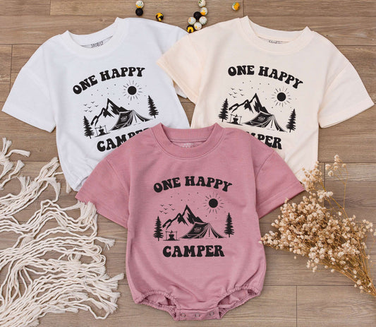 One Happy Camper Baby Romper Toddler Outfit Vintage Outdoorsy Birthday Gift Black Print Mountain Tent Design Soft Cotton Summer Adventure Clothes Little Explorer