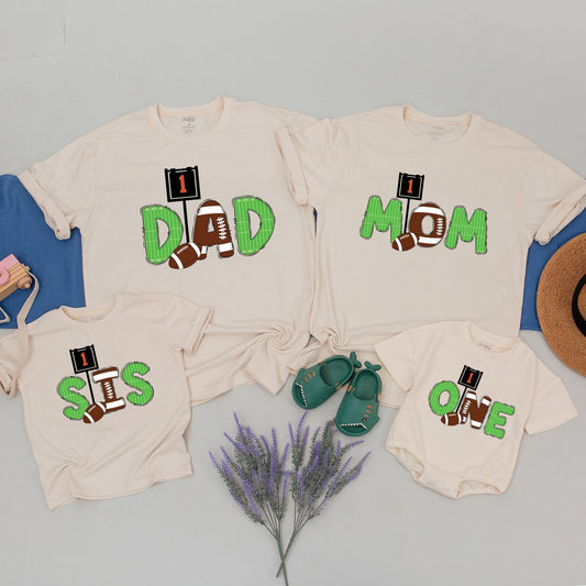 First Year Down Football 1st Birthday Matching Family Shirts Grassy Green Field Line Sports Theme Outfit Toddler Boy Party with Number One Sign