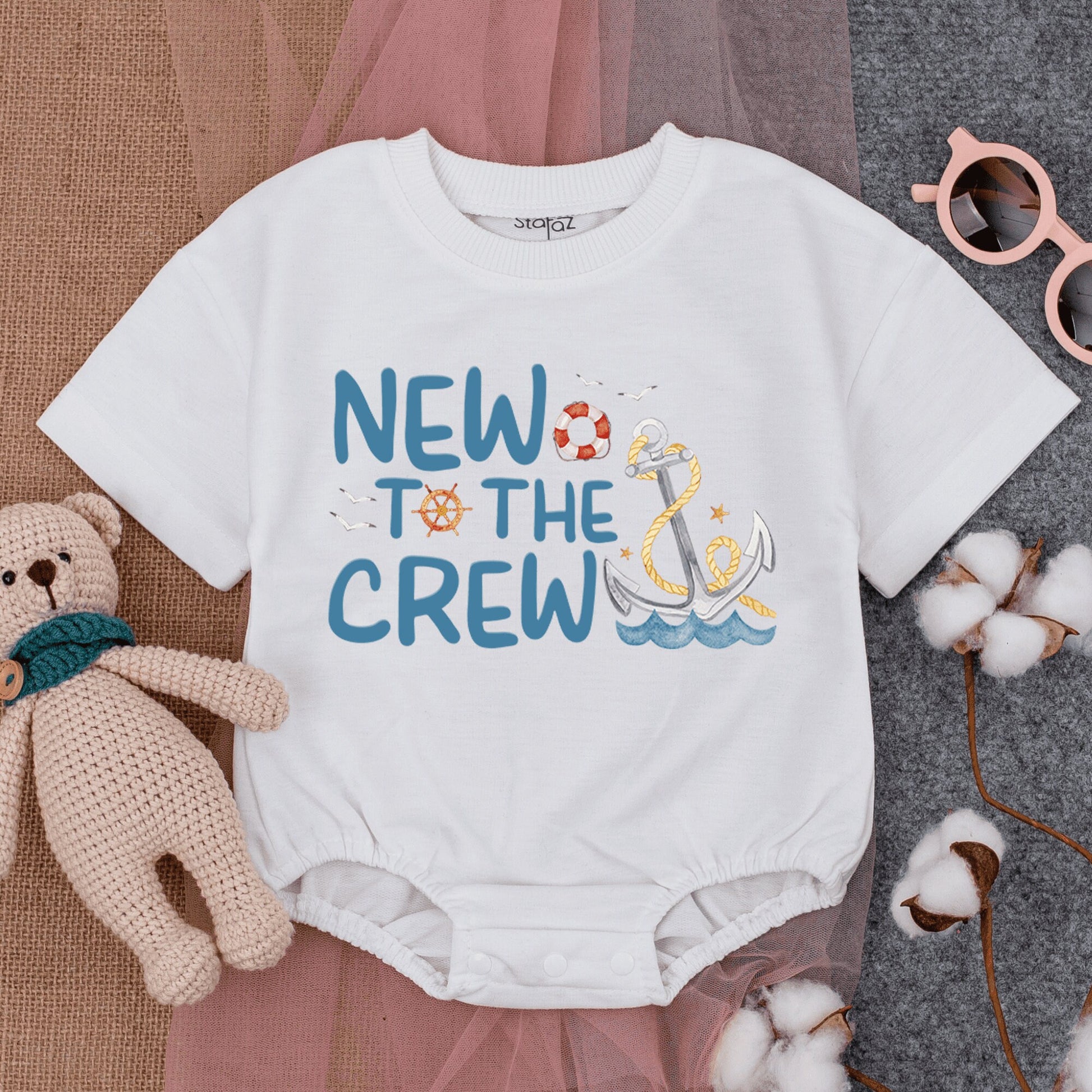 New To The Crew Nautical Anchor Design Bubble Romper Short Sleeve Baby Outfit Cute Infant Boating Beach Summer New Baby Gift