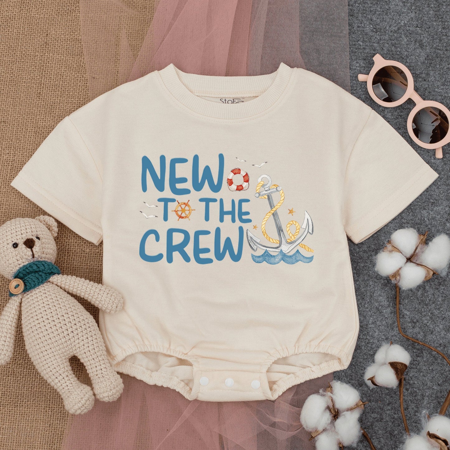 New To The Crew Nautical Anchor Design Bubble Romper Short Sleeve Baby Outfit Cute Infant Boating Beach Summer New Baby Gift