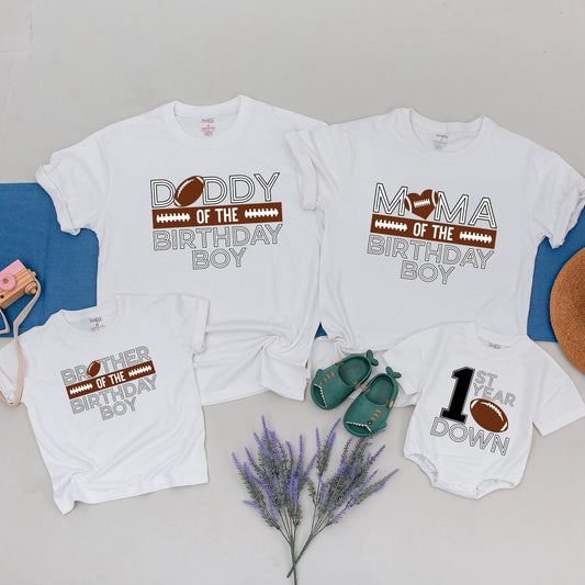 Playful Football 1st Birthday Family Matching Shirts for Boys First Year Down Party with White Outlined Graphic Tees featuring a football