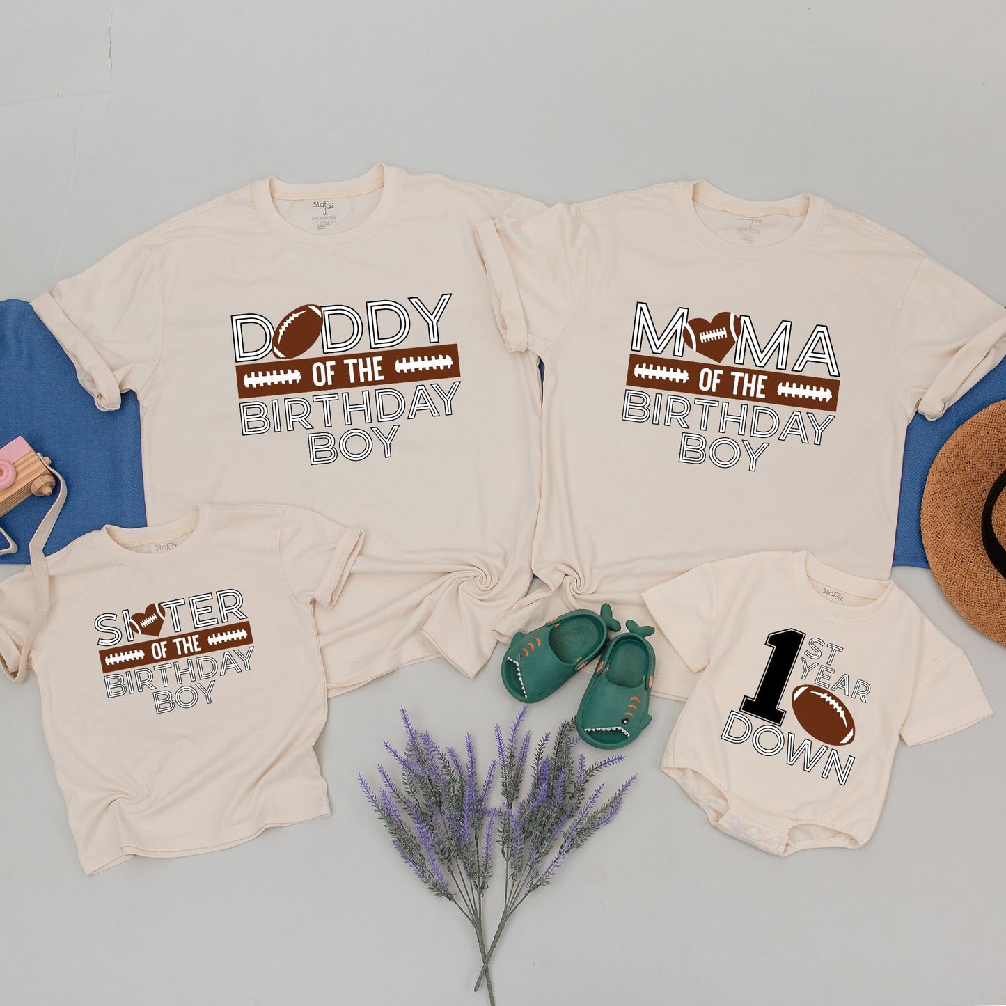 Playful Football 1st Birthday Family Matching Shirts for Boys First Year Down Party with White Outlined Graphic Tees featuring a football