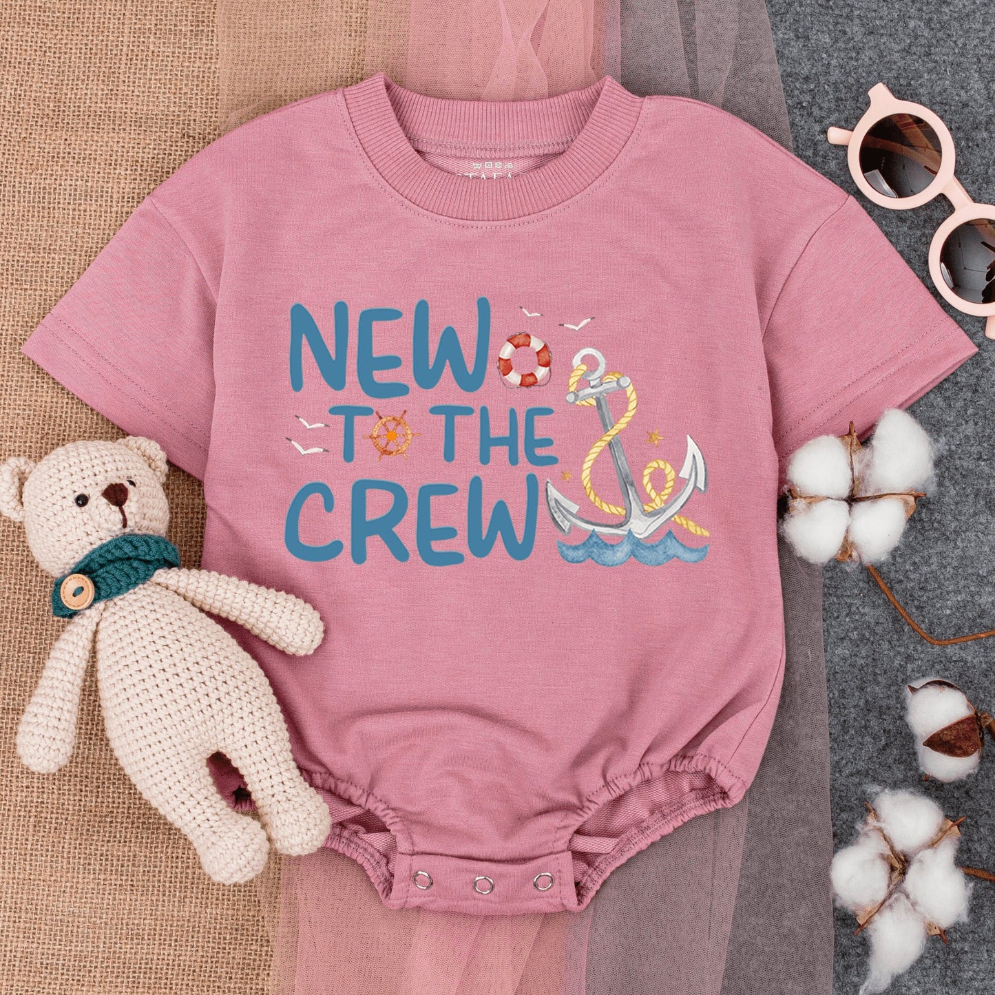 New To The Crew Nautical Anchor Design Bubble Romper Short Sleeve Baby Outfit Cute Infant Boating Beach Summer New Baby Gift