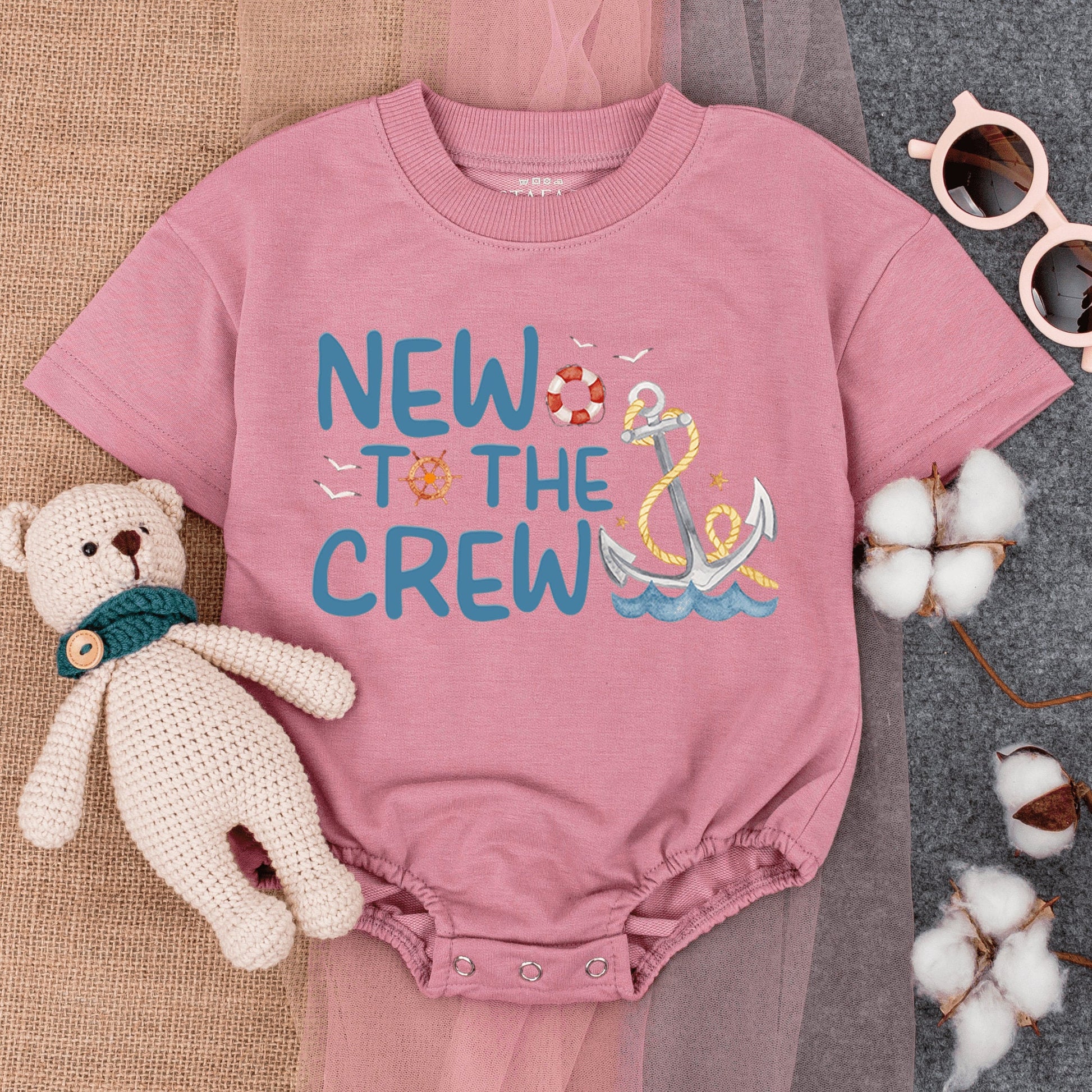 New To The Crew Nautical Anchor Design Bubble Romper Short Sleeve Baby Outfit Cute Infant Boating Beach Summer New Baby Gift