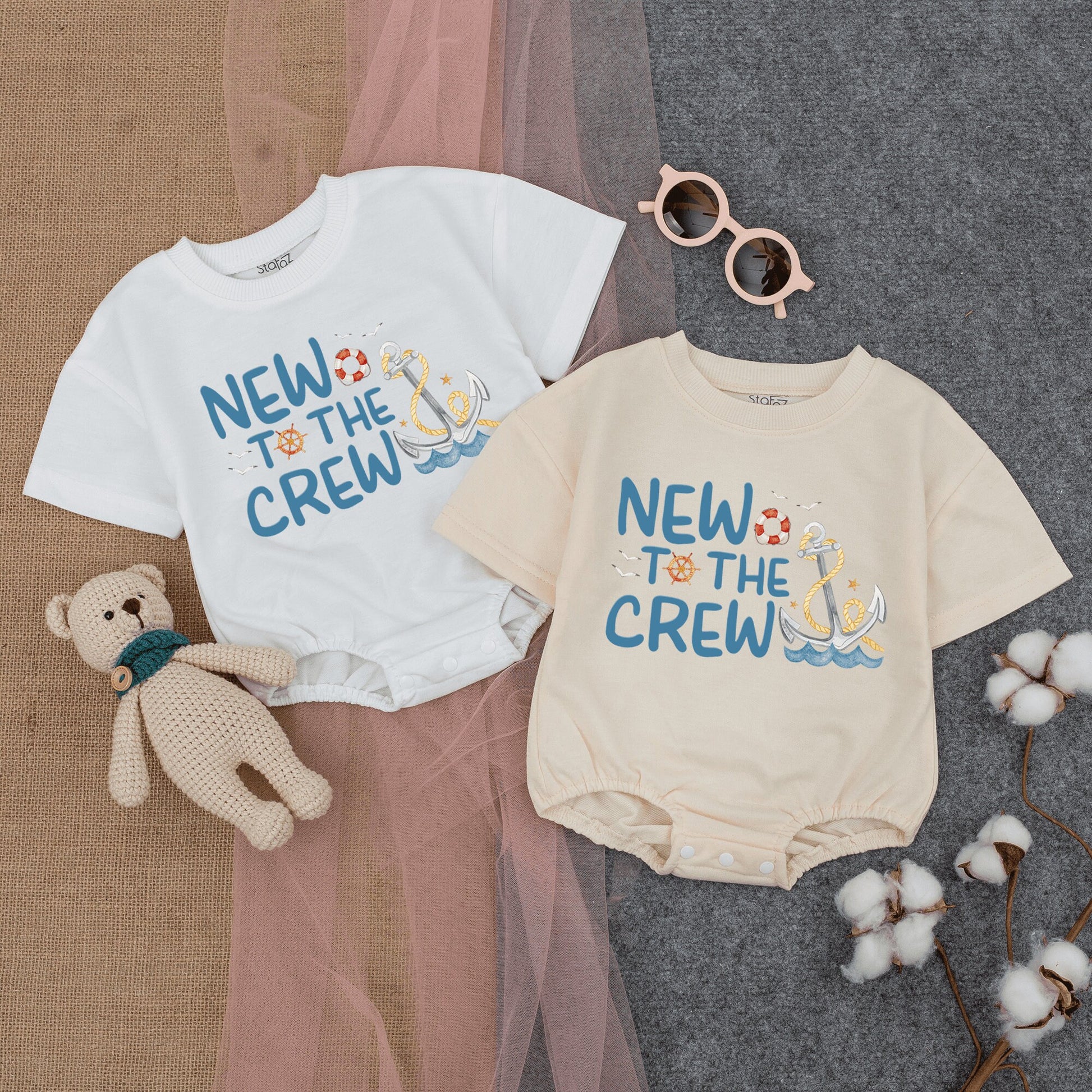 New To The Crew Nautical Anchor Design Bubble Romper Short Sleeve Baby Outfit Cute Infant Boating Beach Summer New Baby Gift
