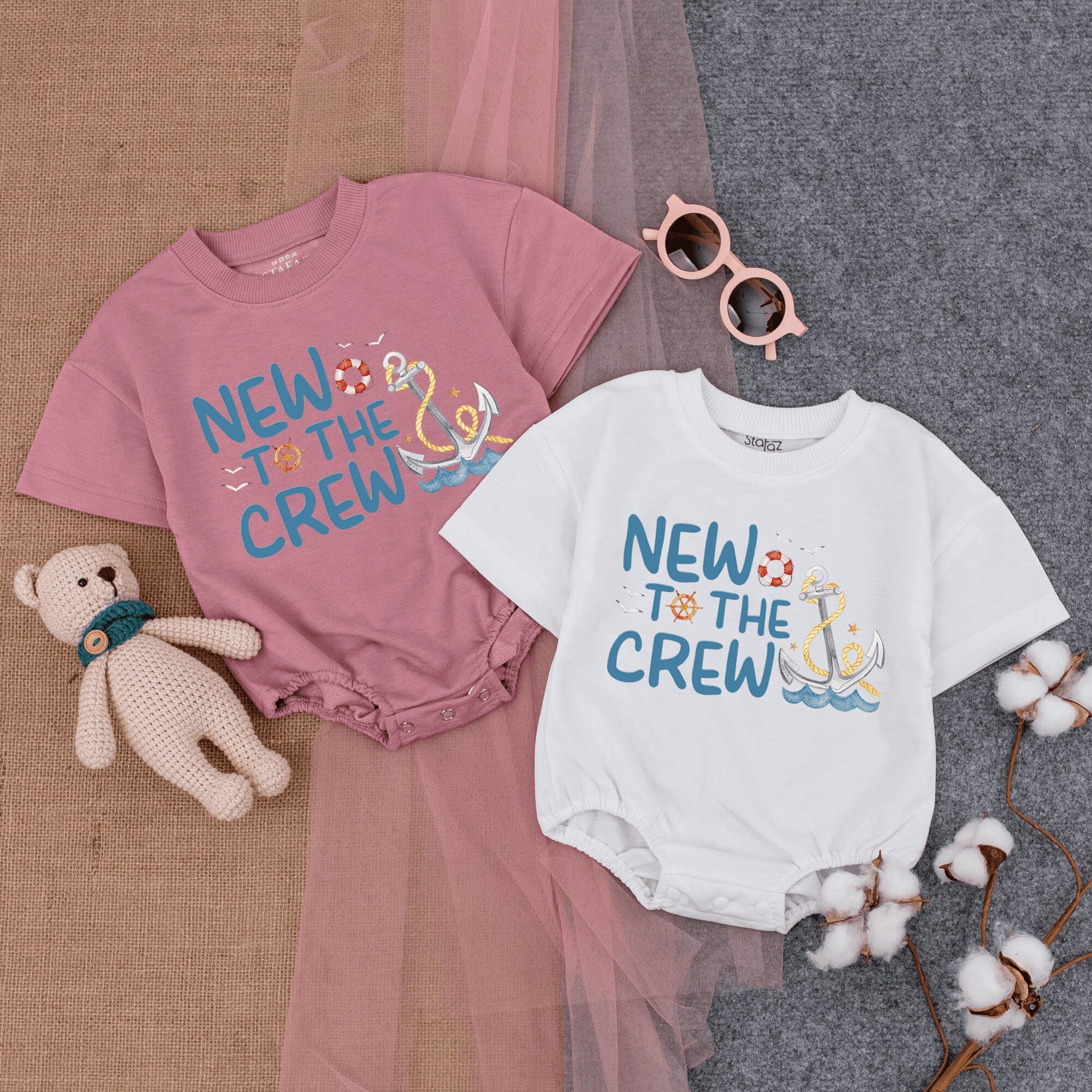New To The Crew Nautical Anchor Design Bubble Romper Short Sleeve Baby Outfit Cute Infant Boating Beach Summer New Baby Gift