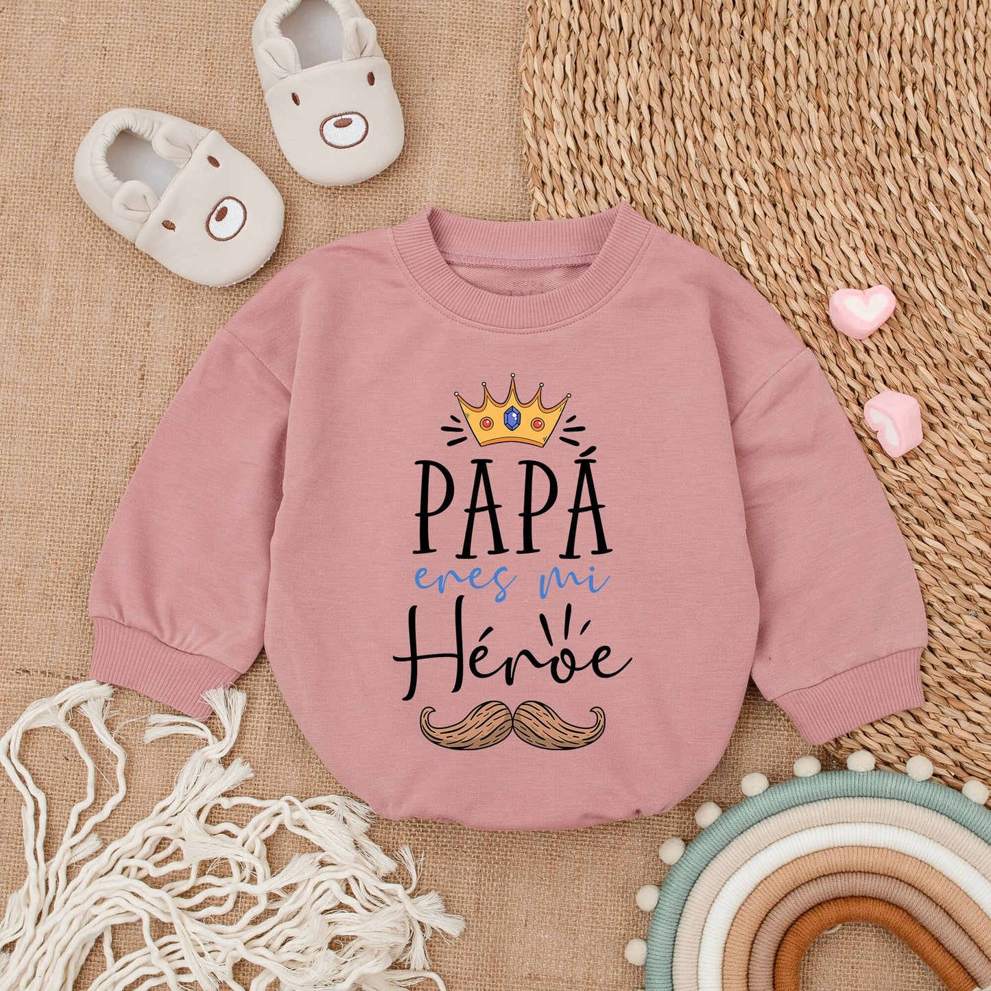 Papá eres mi Héroe" Spanish Romper Baby Bodysuit Cute Father's Day Gift Daddy and Me Outfit for Infant Girl Boy with Modern Crown Mustache Design Playful Cotton