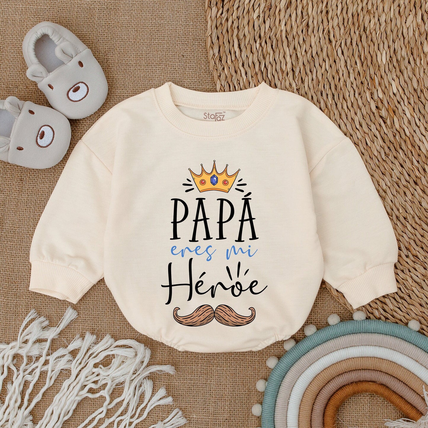 Papá eres mi Héroe" Spanish Romper Baby Bodysuit Cute Father's Day Gift Daddy and Me Outfit for Infant Girl Boy with Modern Crown Mustache Design Playful Cotton