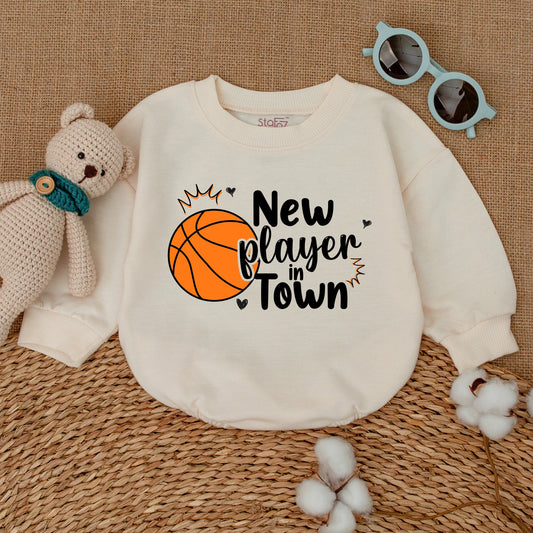 New Player In Town Baby Boy Basketball Romper Funny Bodysuit Playful Orange Ball Design Shower Gift Bubble Romper with Heart Symbols