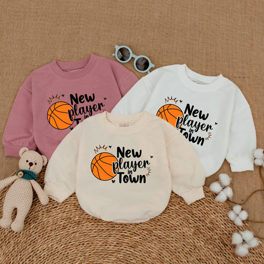 New Player In Town Baby Boy Basketball Romper Funny Bodysuit Playful Orange Ball Design Shower Gift Bubble Romper with Heart Symbols