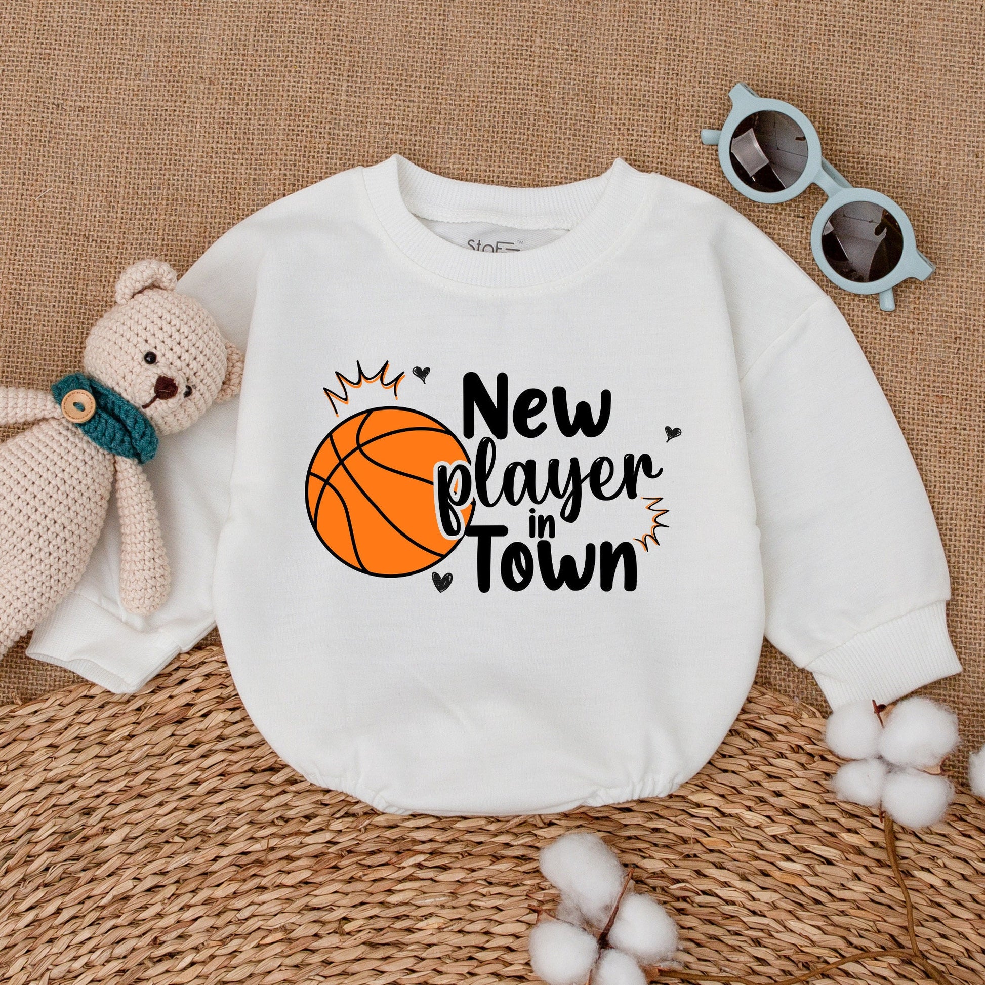 New Player In Town Baby Boy Basketball Romper Funny Bodysuit Playful Orange Ball Design Shower Gift Bubble Romper with Heart Symbols