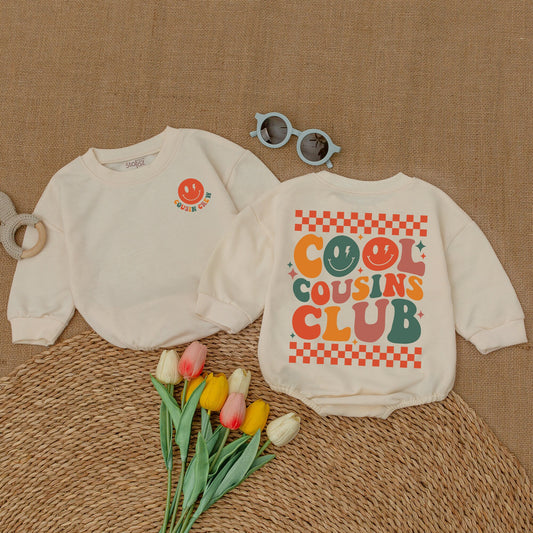 Retro Cool Cousins Club Romper & Cousin Crew Bodysuit Vintage Smiley Face Family Reunion Outfit Matching Family Gift