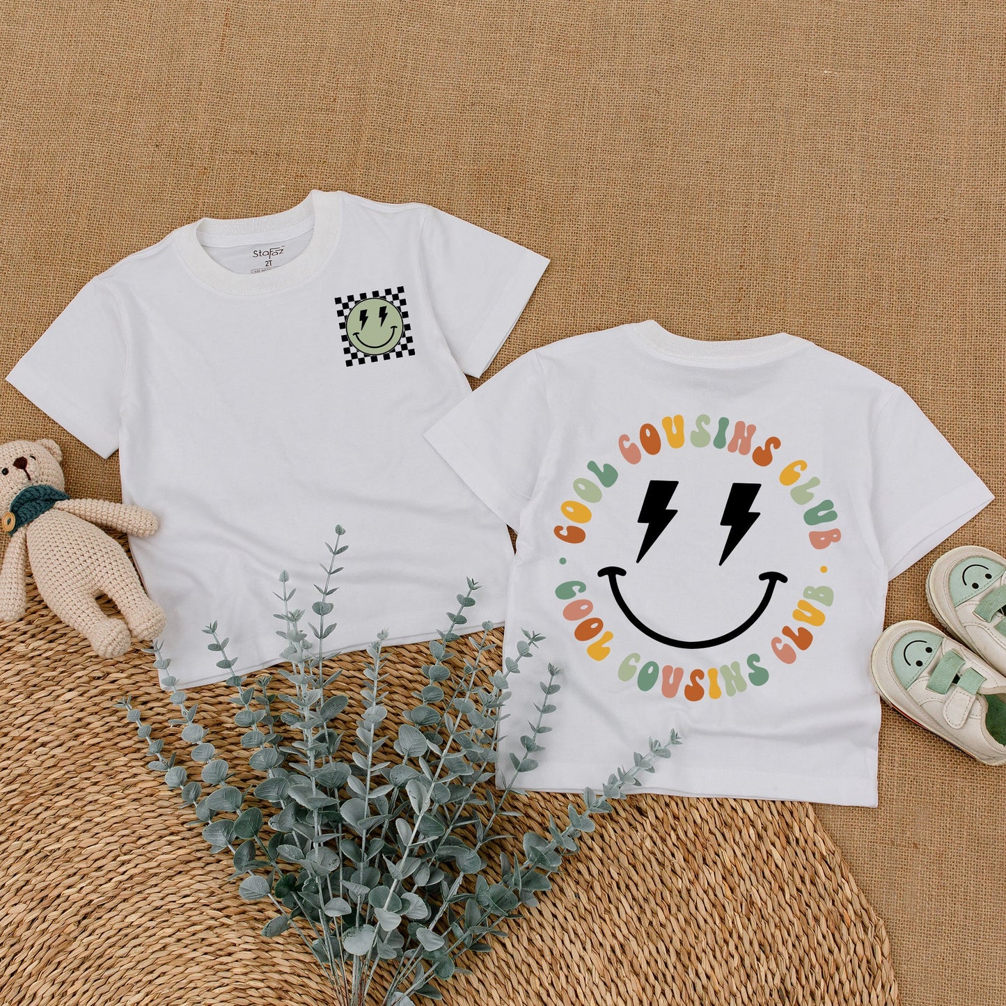 Cool Cousins Club Matching Outfits with Smiley Face Lightning Bolt Design, Fun Romper Bodysuit & T-Shirt for Kids Family Reunion