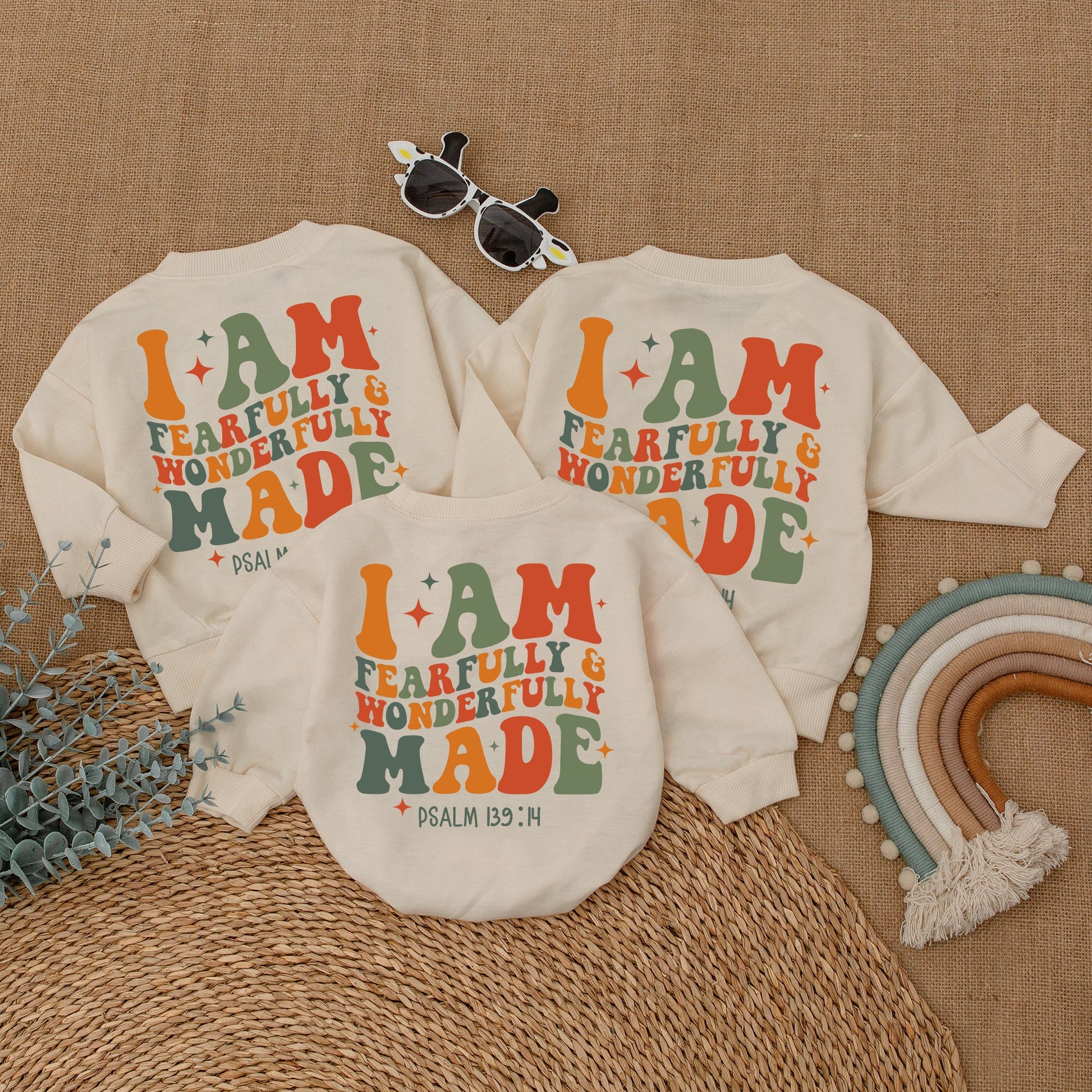 Wonderfully Made Christian Baby Romper, Religious Bodysuit, Psalm 139:14 Toddler Sweatshirt, Sun & Stars, Cute Faith Shirt, Baby Shower Gift, Orange & Green