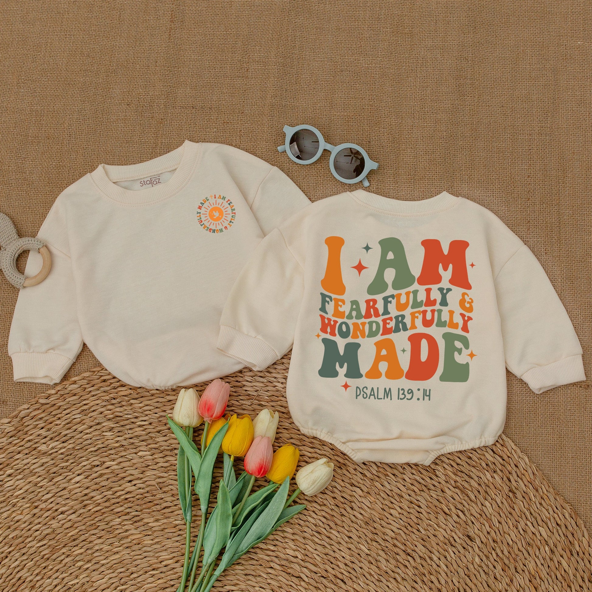 Wonderfully Made Christian Baby Romper, Religious Bodysuit, Psalm 139:14 Toddler Sweatshirt, Sun & Stars, Cute Faith Shirt, Baby Shower Gift, Orange & Green
