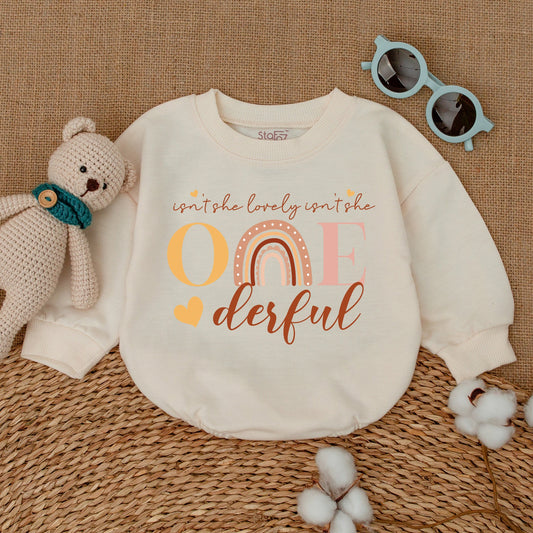 Isn't She Lovely Onederful Romper Rainbow 1st Birthday Outfit Baby Girl Clothes Boho ONE Year Bodysuit Cute Celebration, Yellow Heart Details (137 chars)