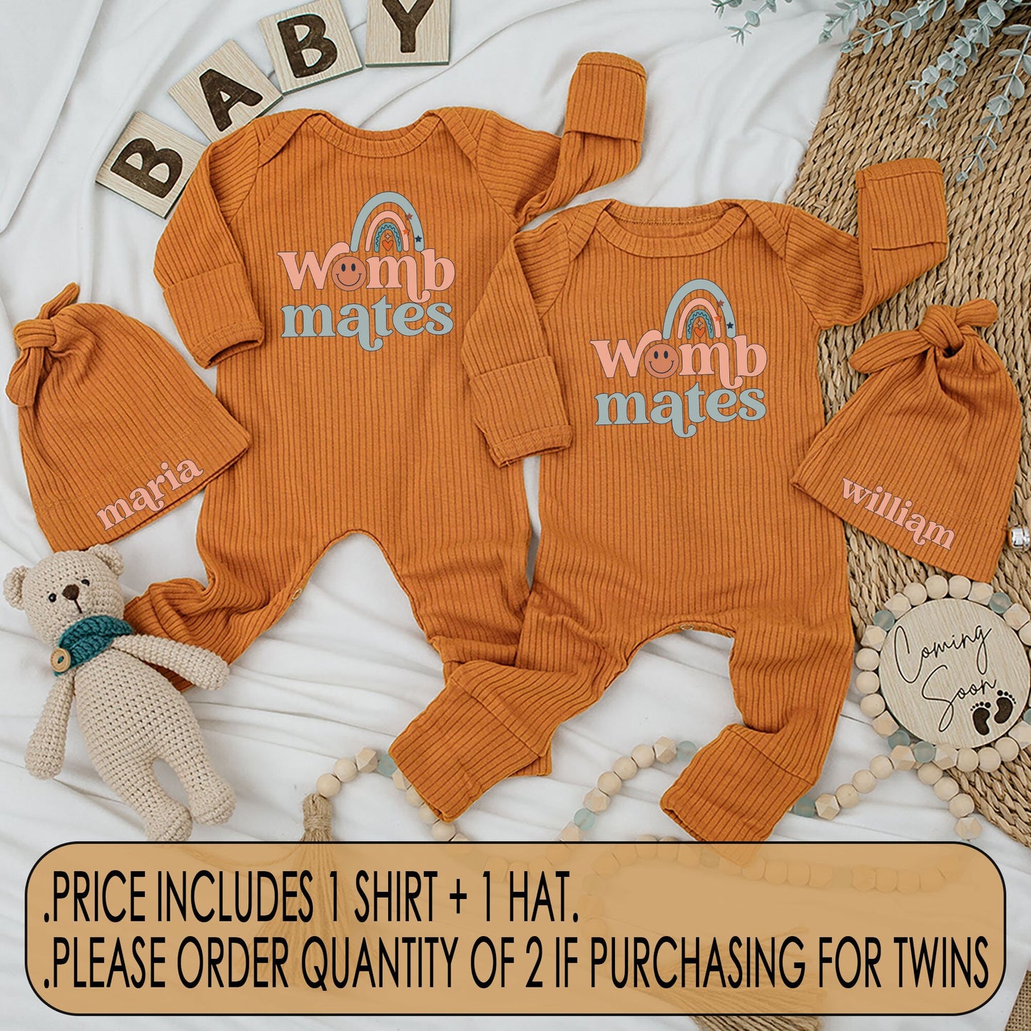Twin Womb Mates Newborn Baby Bodysuit & Hat Set Retro Peach Teal Rainbow Design Funny Best Friends Matching Outfit Coming Home Gift Whimsical Vintage
