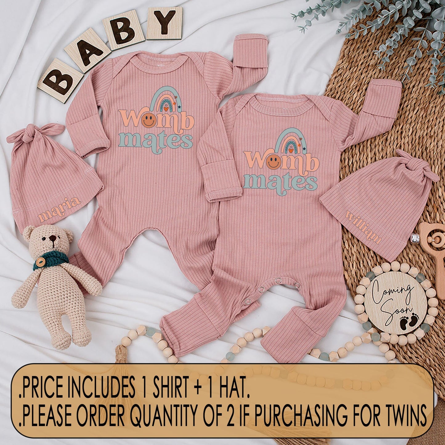Twin Womb Mates Newborn Baby Bodysuit & Hat Set Retro Peach Teal Rainbow Design Funny Best Friends Matching Outfit Coming Home Gift Whimsical Vintage