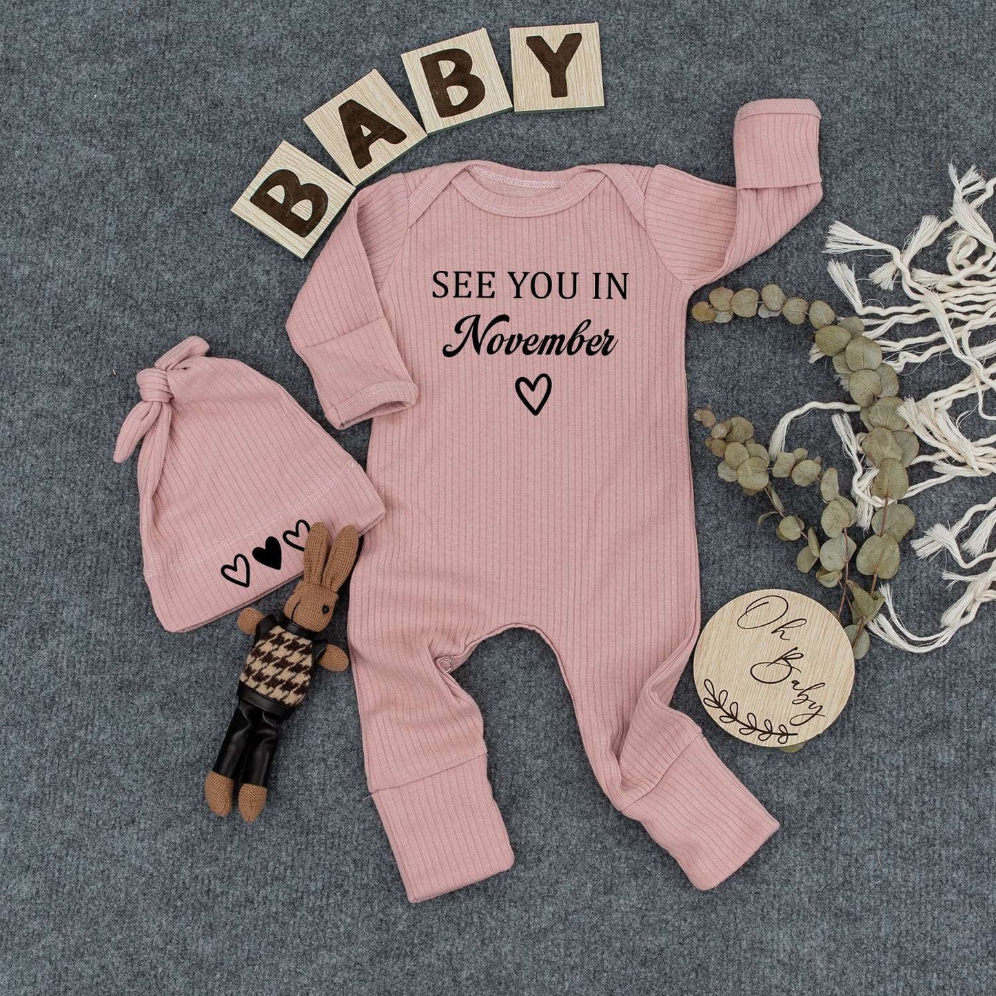 See You In November Baby Bodysuit And Heart Hat Set Minimalist Newborn Outfit Coming Soon Gift Gender Neutral