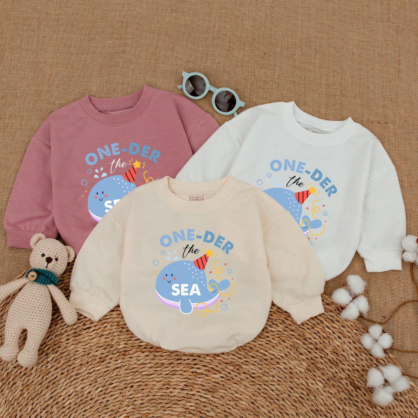 Oneder The Sea Whale Birthday Baby Bubble Romper Ocean Smash Cake Outfit Cheerful Cartoon Party Hat Design Baby Shower Gift