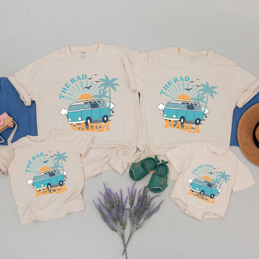 Personalized Matching Family Surf Birthday Shirts The Big One First Birthday Outfit Retro Teal Van Palm Tree Beach Theme