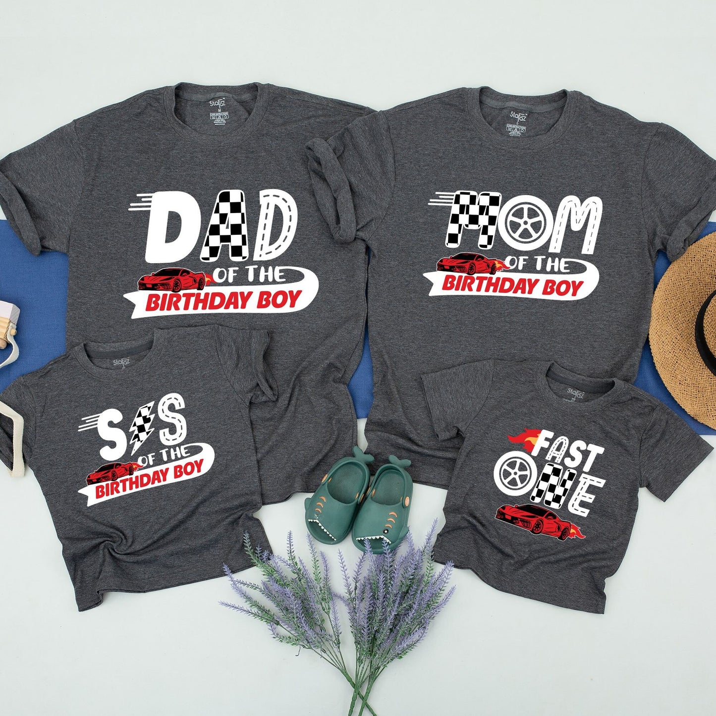 Fast One Birthday Family Matching Race Car Shirts for 1st Birthday Boy Party Outfit Red Flame Checkered Flag Soft Cotton Celebration Tee