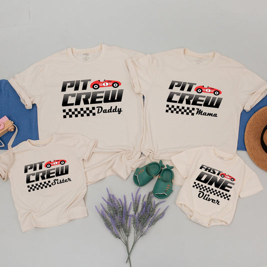 Personalized Fast One 1st Birthday Matching Family Race Car Shirts Red Pit Crew Checkered Flag Boy Toddler Birthday Party Outfit Comfortable Cotton