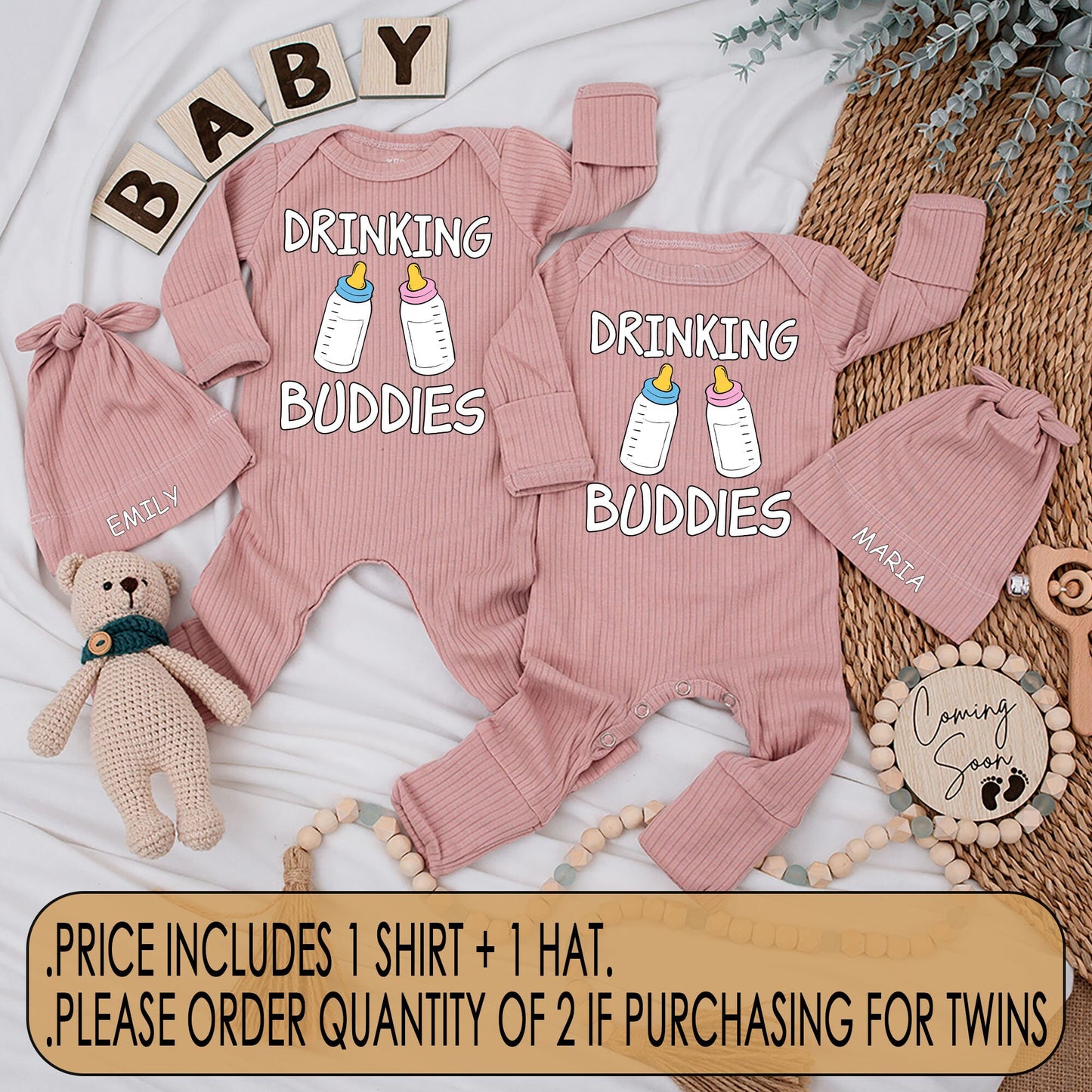 Drinking Buddies Twin Newborn Baby Bodysuit and Hat Set Funny Matching Boy Girl Outfit Cute Cartoon Bottle Design Coming Home Best Friends Gift