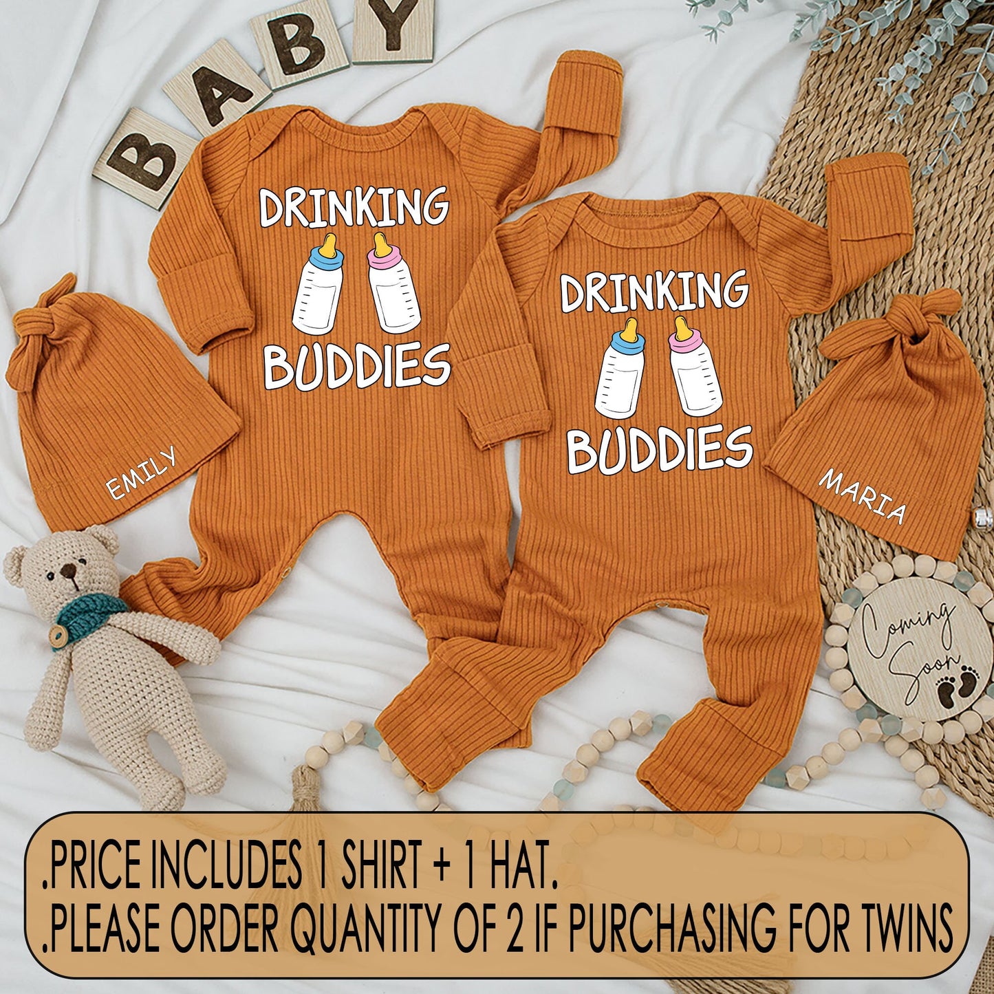 Drinking Buddies Twin Newborn Baby Bodysuit and Hat Set Funny Matching Boy Girl Outfit Cute Cartoon Bottle Design Coming Home Best Friends Gift