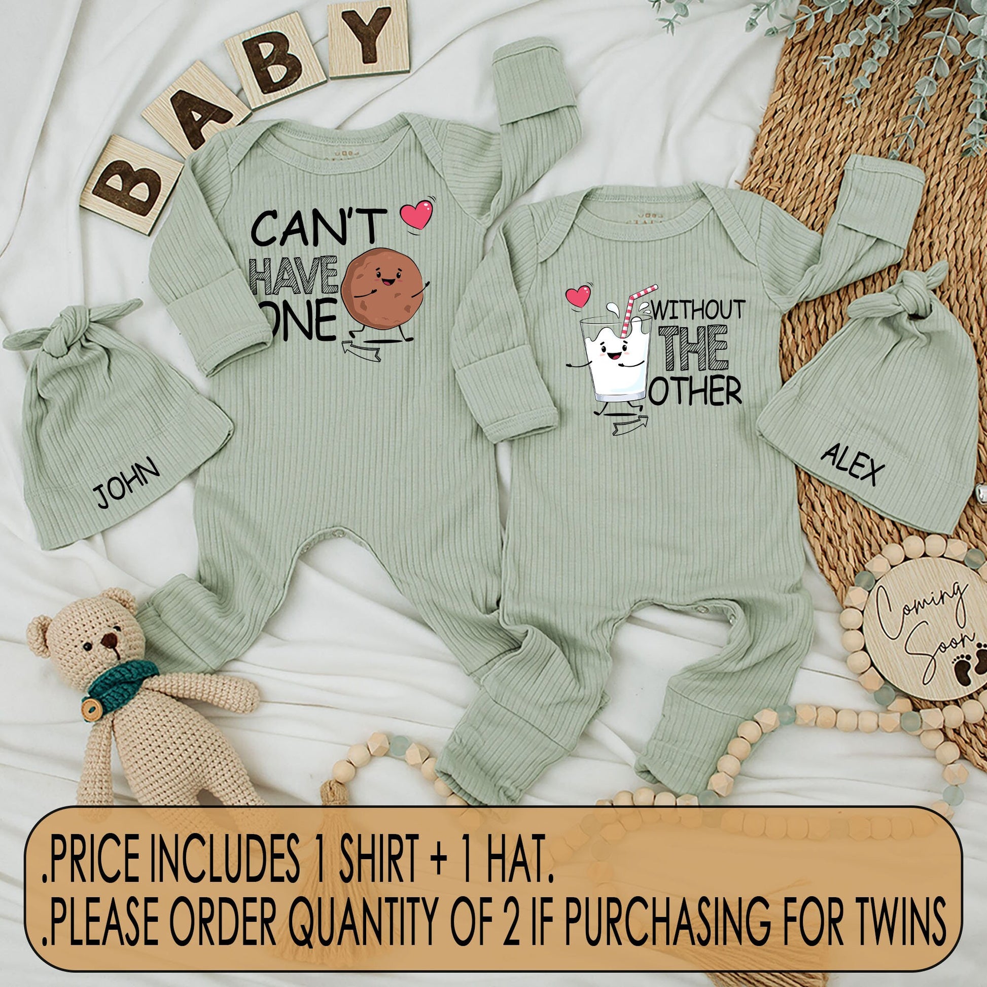 Adorable Milk and Cookies Baby Bodysuit and Hat Set "Can't Have One Without the Other" Matching Newborn Romper Outfit Soft Infant Shower Gift