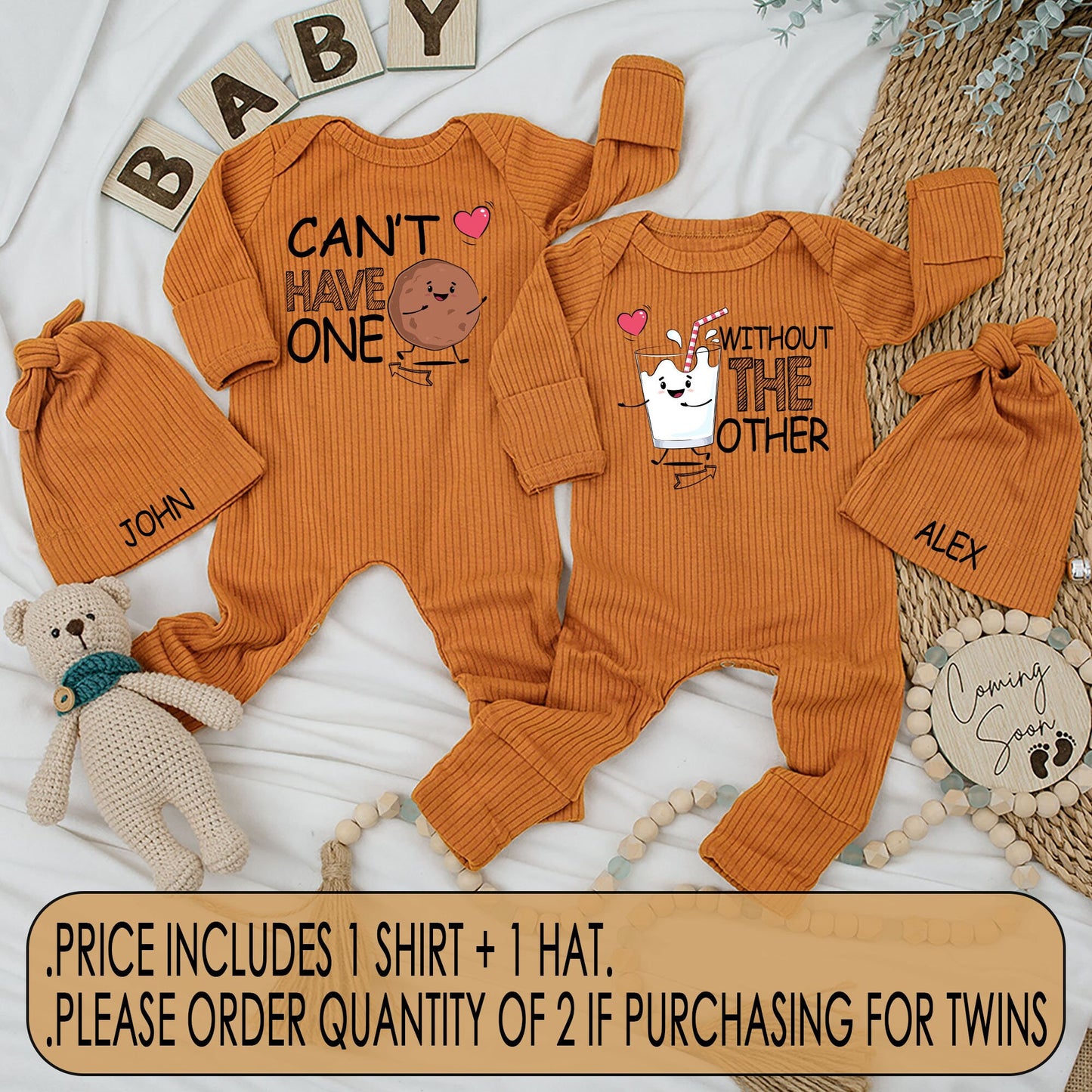 Adorable Milk and Cookies Baby Bodysuit and Hat Set "Can't Have One Without the Other" Matching Newborn Romper Outfit Soft Infant Shower Gift