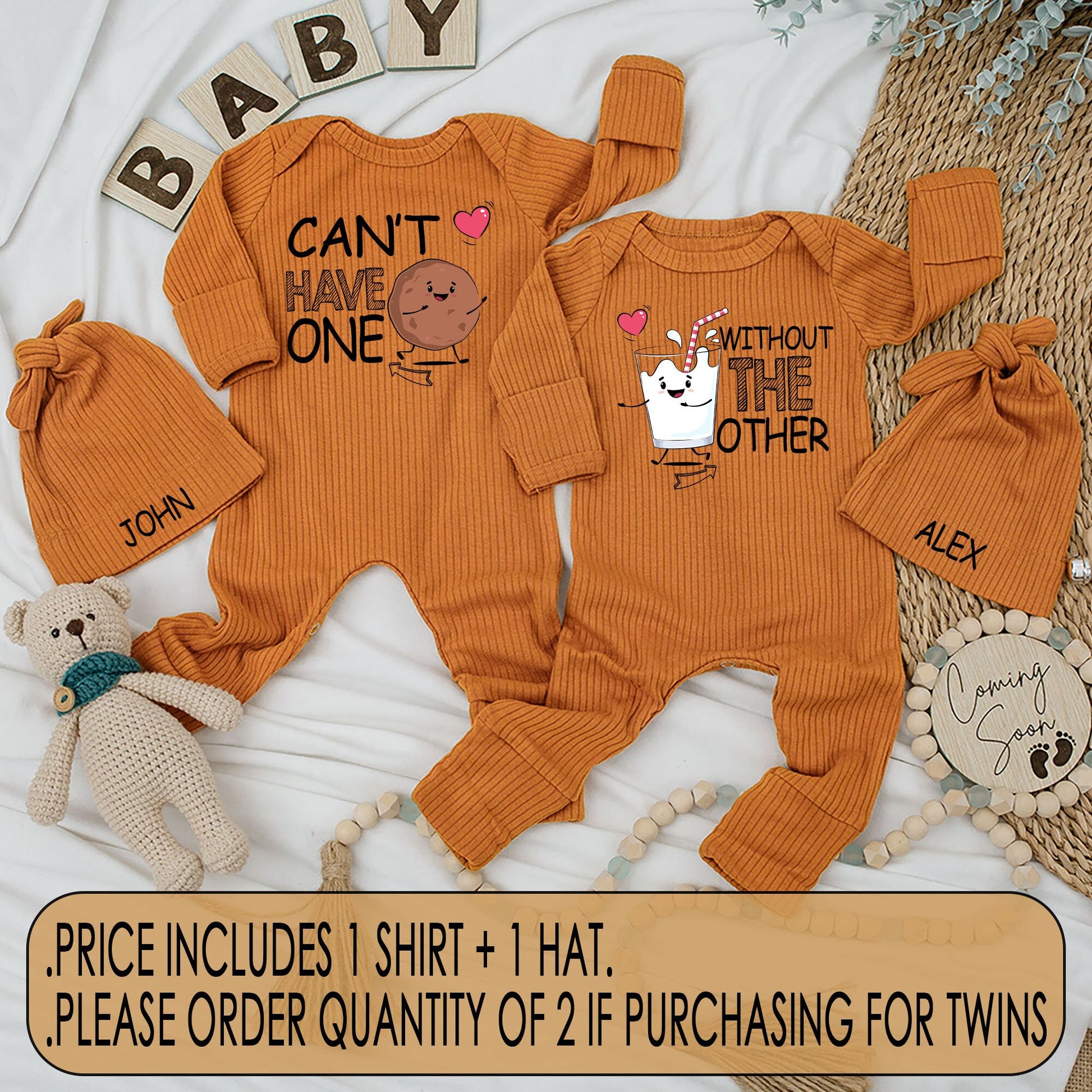 Adorable Milk and Cookies Baby Bodysuit and Hat Set "Can't Have One Without the Other" Matching Newborn Romper Outfit Soft Infant Shower Gift