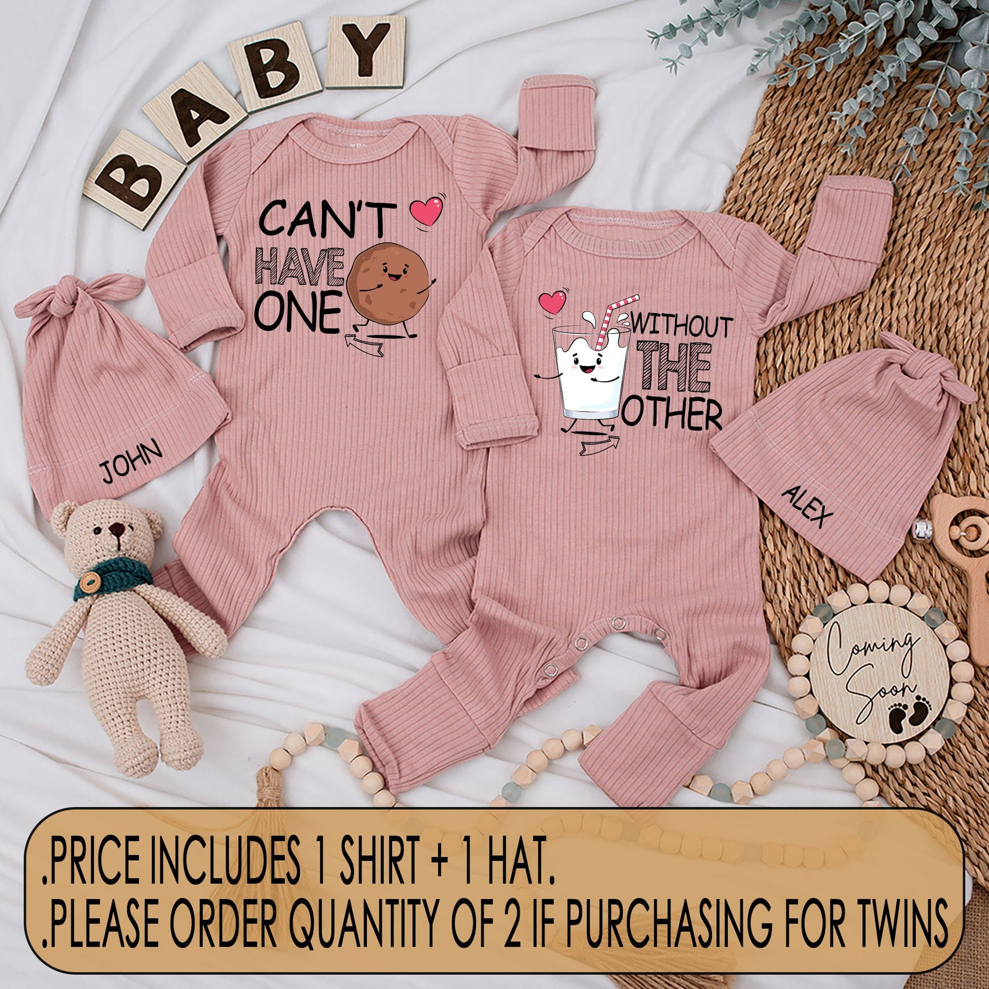 Adorable Milk and Cookies Baby Bodysuit and Hat Set "Can't Have One Without the Other" Matching Newborn Romper Outfit Soft Infant Shower Gift