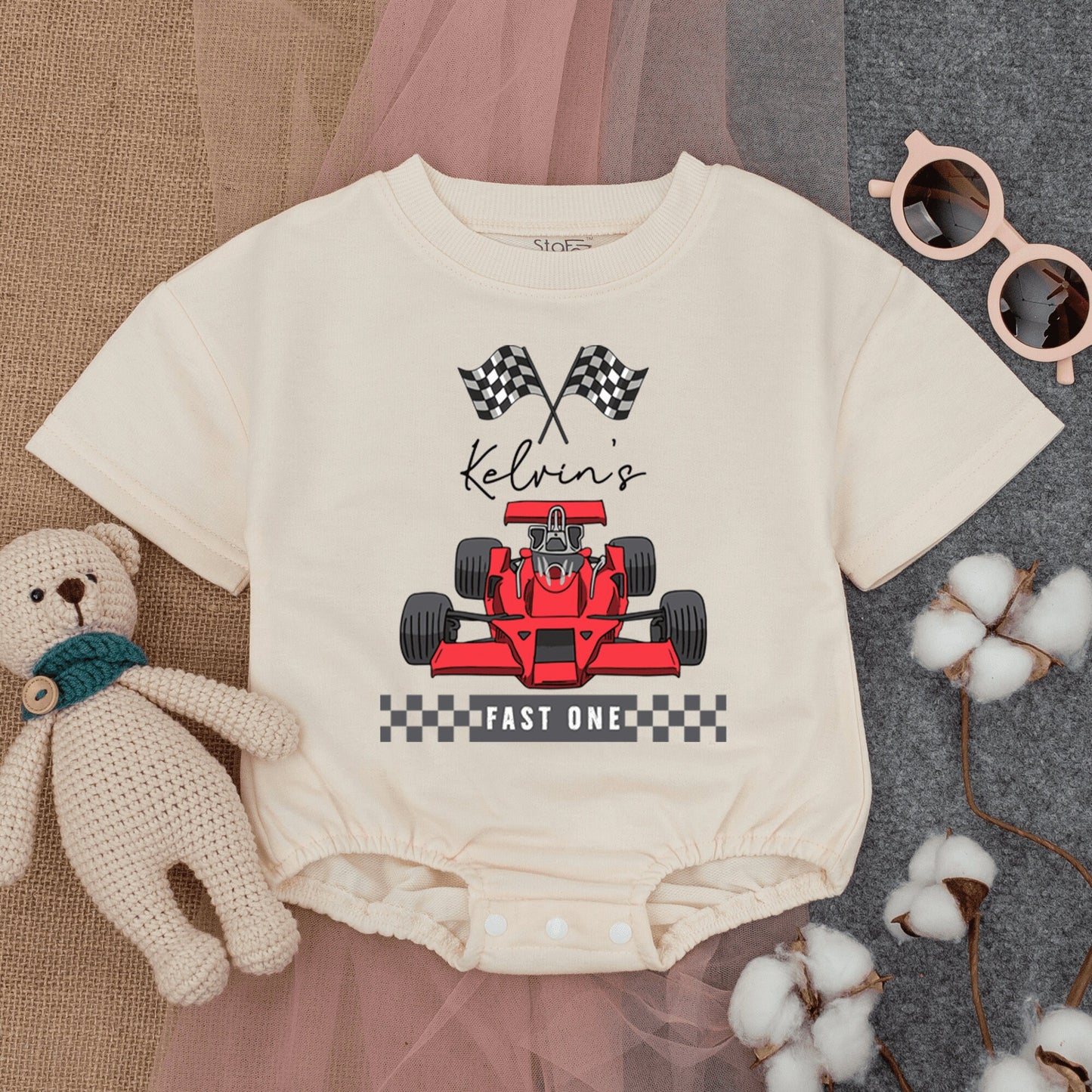 Personalized Race Car Fast One Baby Boy Short Sleeve Romper Outfit Custom Name First Birthday Checkered Flags Red Car 1st Celebration