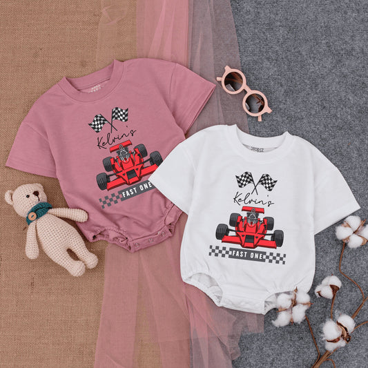 Personalized Race Car Fast One Baby Boy Short Sleeve Romper Outfit Custom Name First Birthday Checkered Flags Red Car 1st Celebration