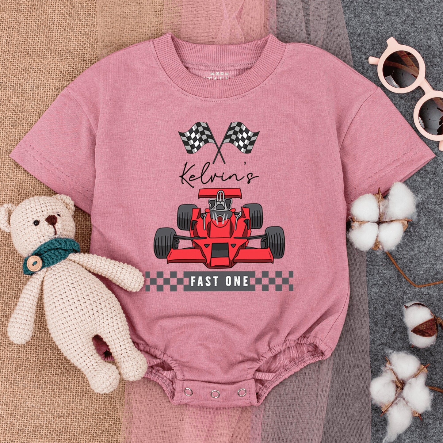 Personalized Race Car Fast One Baby Boy Short Sleeve Romper Outfit Custom Name First Birthday Checkered Flags Red Car 1st Celebration