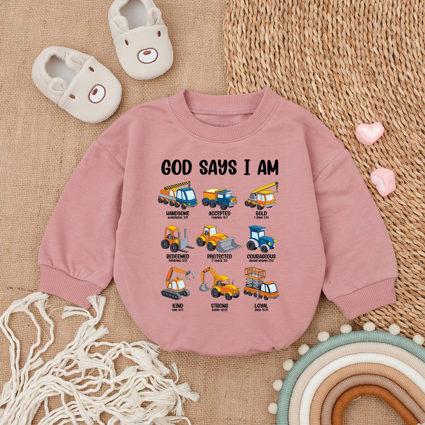 God Says I Am Christian Baby Bodysuit with Construction Vehicles Gender Reveal Baby Shower Gift Religious Keepsake Baptism Bubble Romper