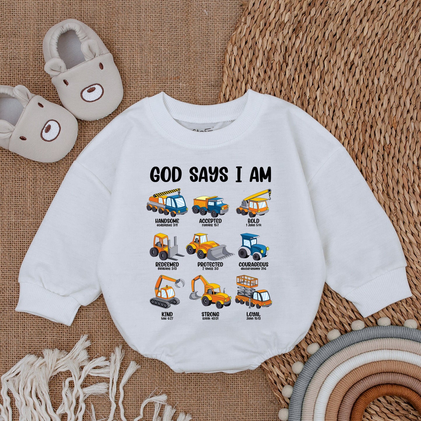 God Says I Am Christian Baby Bodysuit with Construction Vehicles Gender Reveal Baby Shower Gift Religious Keepsake Baptism Bubble Romper