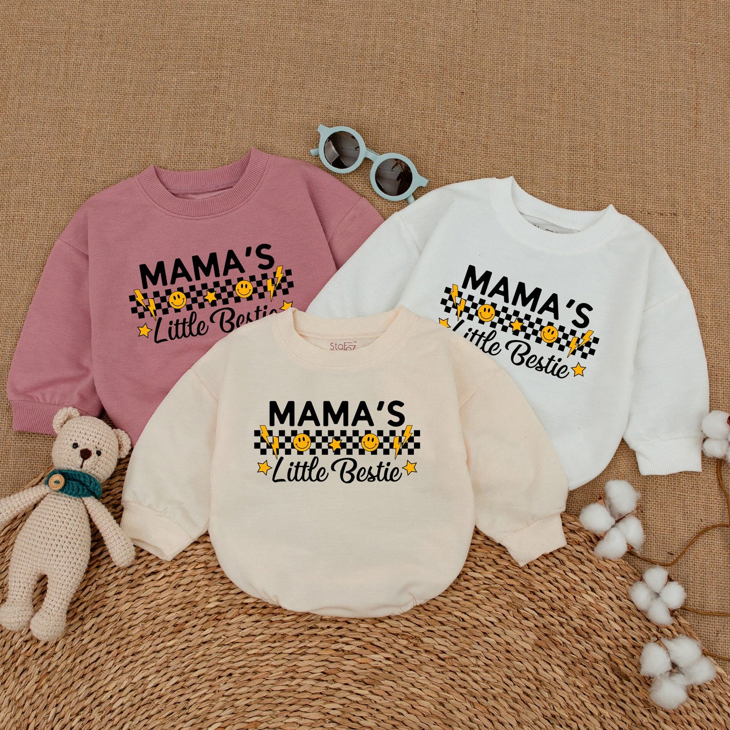 Mama's Little Bestie Retro Baby Bubble Romper Bodysuit Smiley Face Checkerboard Newborn Outfit Soft Cotton Mother's Day Gift