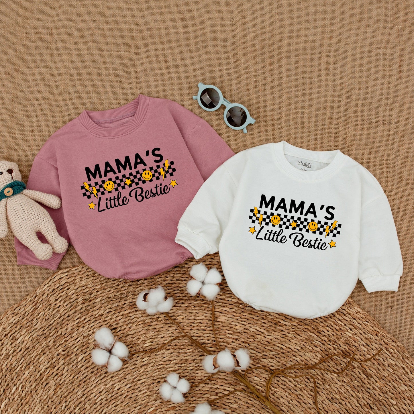 Mama's Little Bestie Retro Baby Bubble Romper Bodysuit Smiley Face Checkerboard Newborn Outfit Soft Cotton Mother's Day Gift