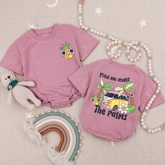 Find Me Under The Palms Bubble Romper Baby Girl Summer Boho Outfit with Smiling Flower Faces Soft Comfortable New Baby Gift