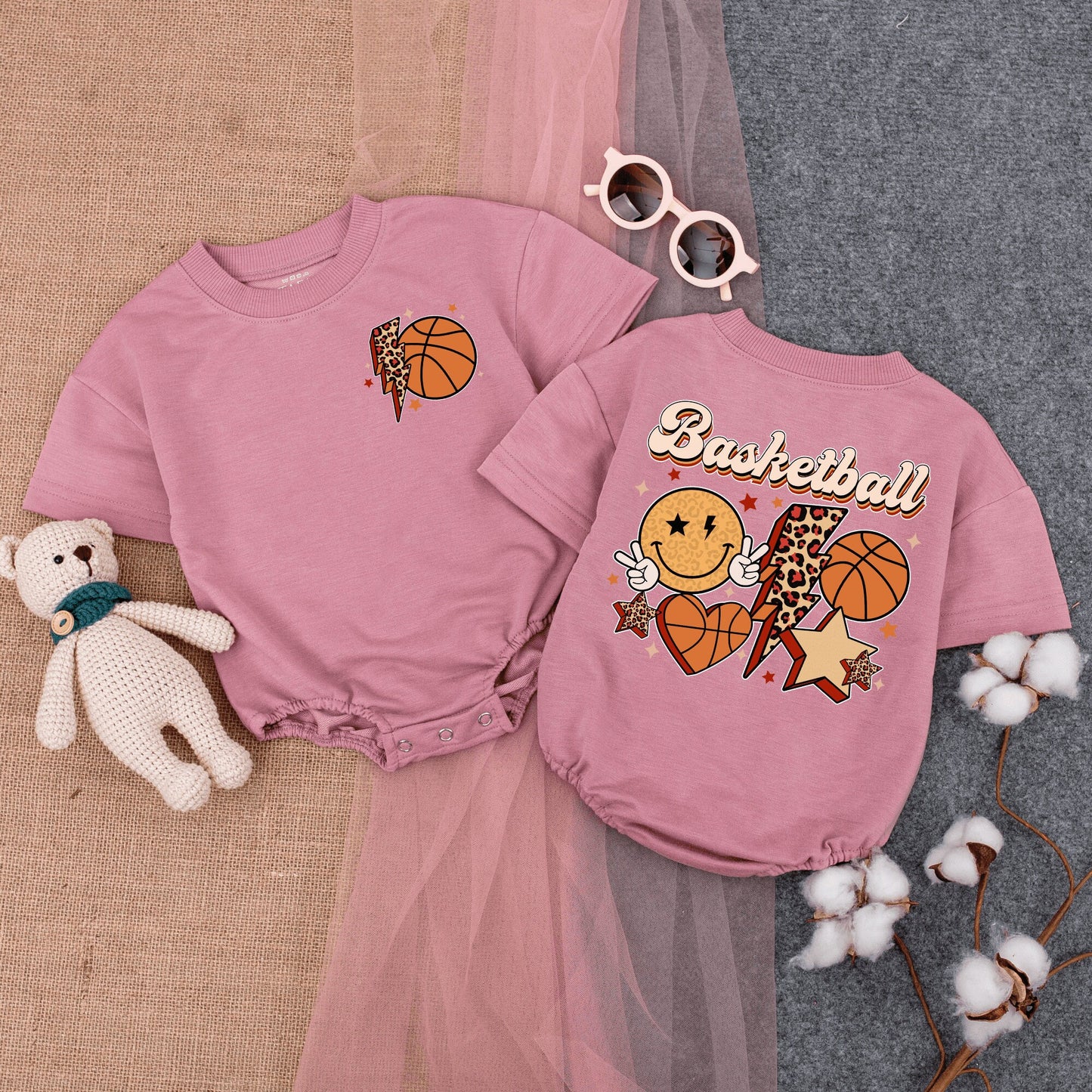 Retro Basketball Baby Romper Short Sleeve, Game Day Star Outfit with Lightning Bolt, Basketballs & Smiley Face, Soft Cotton Infant Clothes 138
