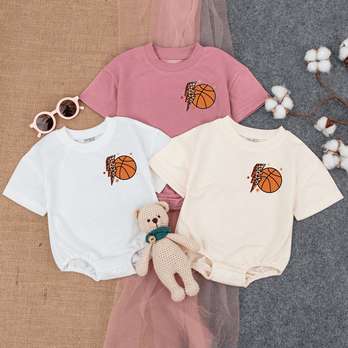 Retro Basketball Baby Romper Short Sleeve, Game Day Star Outfit with Lightning Bolt, Basketballs & Smiley Face, Soft Cotton Infant Clothes 138