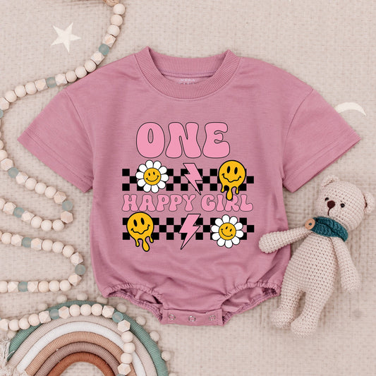 One Happy Girl Baby Romper Retro Smiley Face 1st Birthday Outfit Vintage Smile Birthday Gift Toddler Clothes