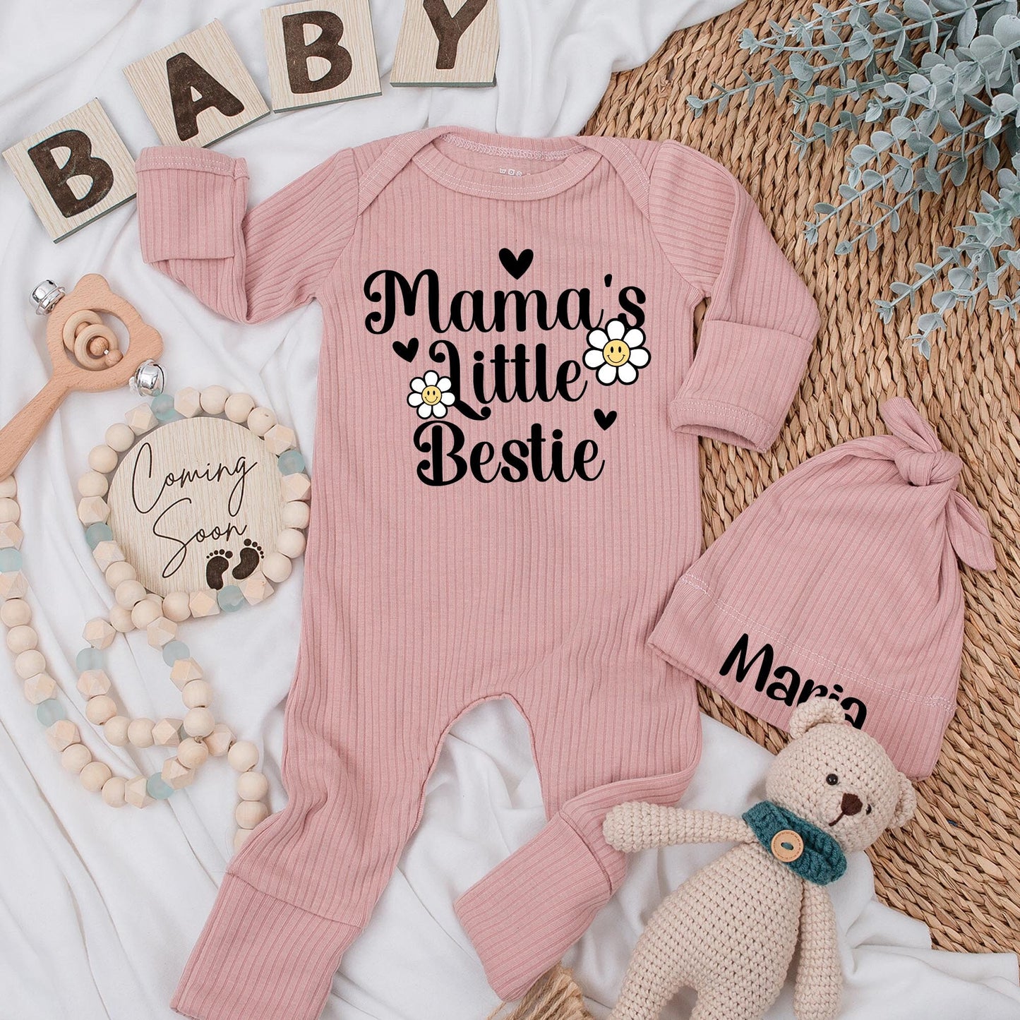 Mama's Little Bestie Bodysuit Set - Cute Baby Clothes, Retro Boho Style with Smiley Daisies and Hearts, Perfect Newborn Romper & Baby Shower Gift 137 chars