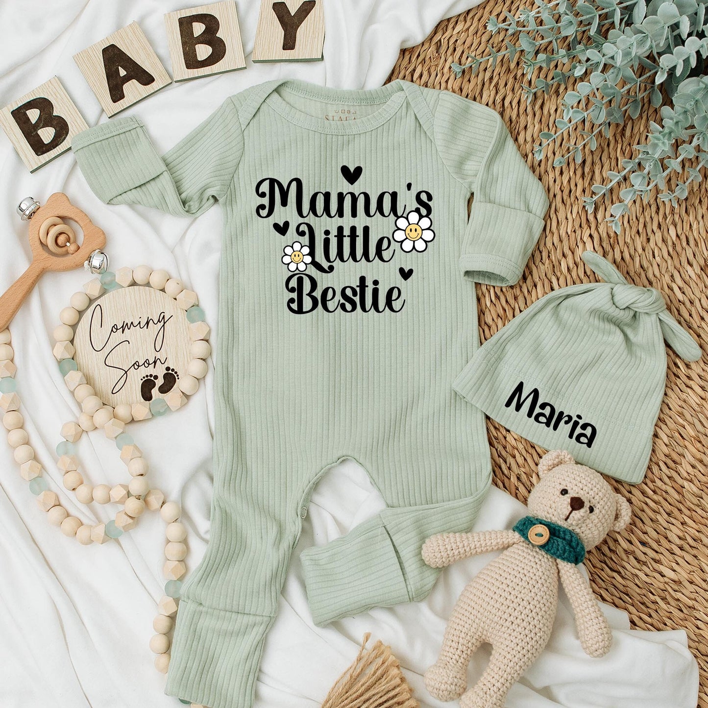Mama's Little Bestie Bodysuit Set - Cute Baby Clothes, Retro Boho Style with Smiley Daisies and Hearts, Perfect Newborn Romper & Baby Shower Gift 137 chars