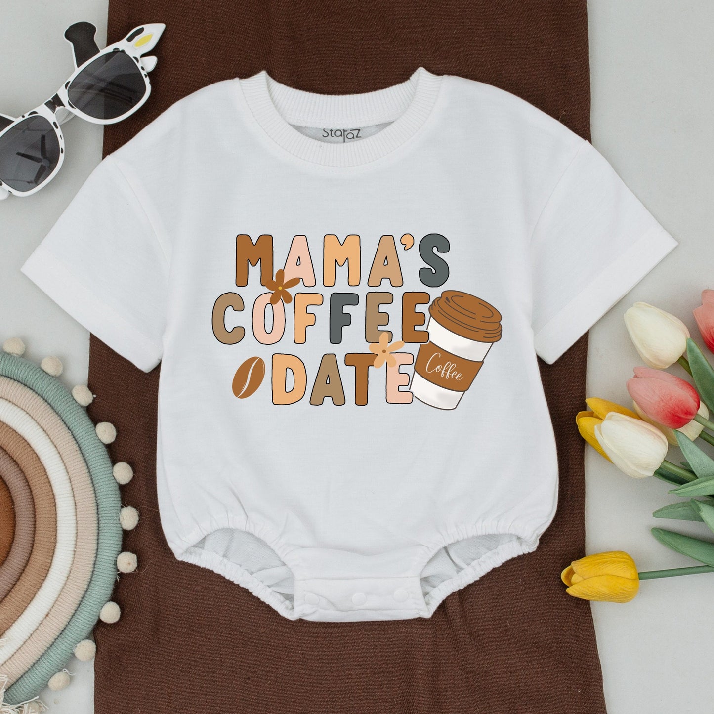 Mama Needs Coffee Matching Shirt Set: Boho Mommy and Me Outfits, Retro Mamas Coffee Date Baby Bodysuit, Earthy Tones, Coffee Lover Gift, Natural Apparel (139)