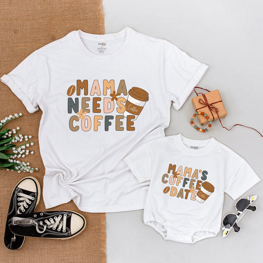Mama Needs Coffee Matching Shirt Set: Boho Mommy and Me Outfits, Retro Mamas Coffee Date Baby Bodysuit, Earthy Tones, Coffee Lover Gift, Natural Apparel (139)